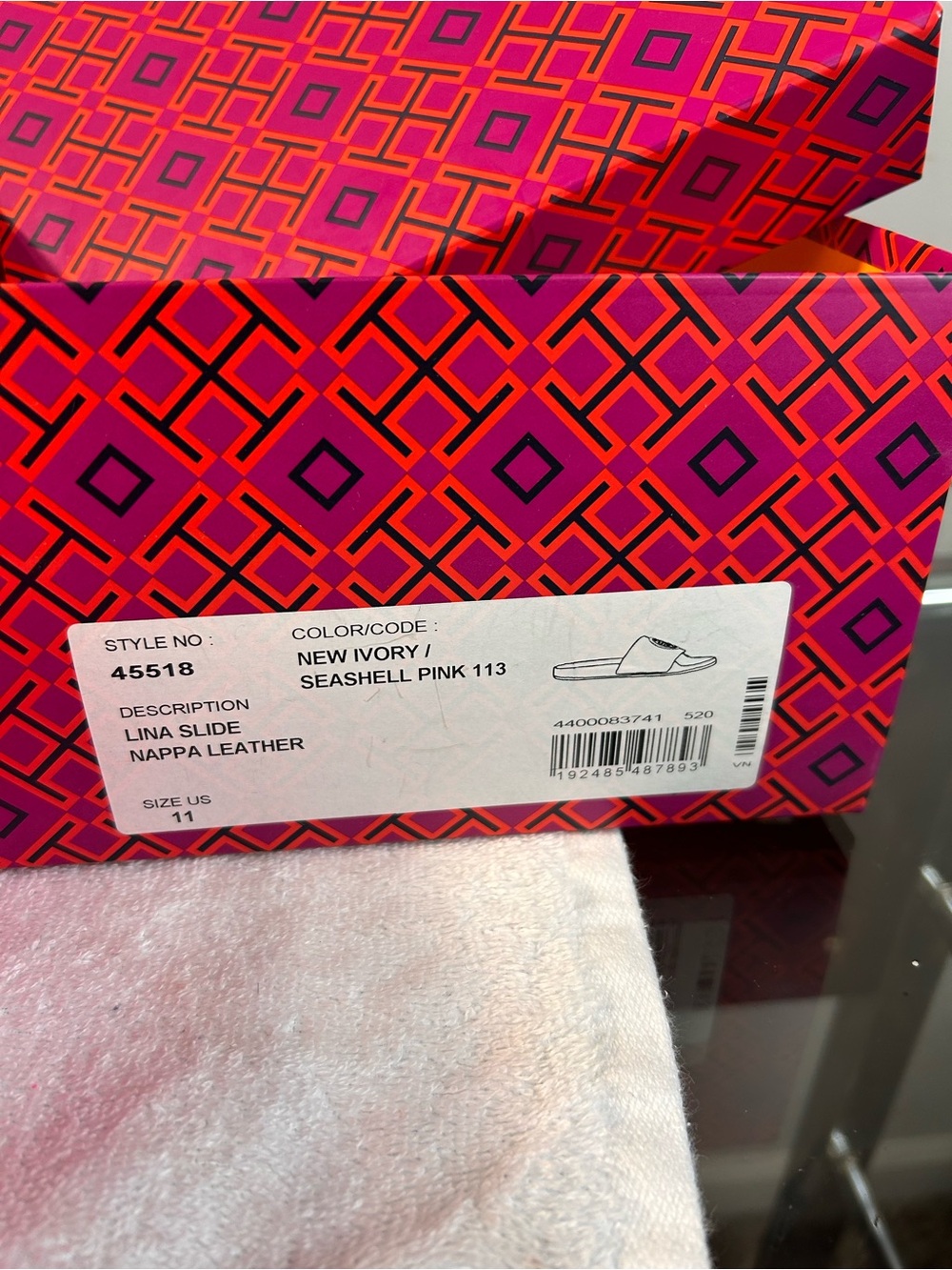 Tory Burch White Slide Sandals with Pink Logo and Striped Wristlet - Picture 7 of 16